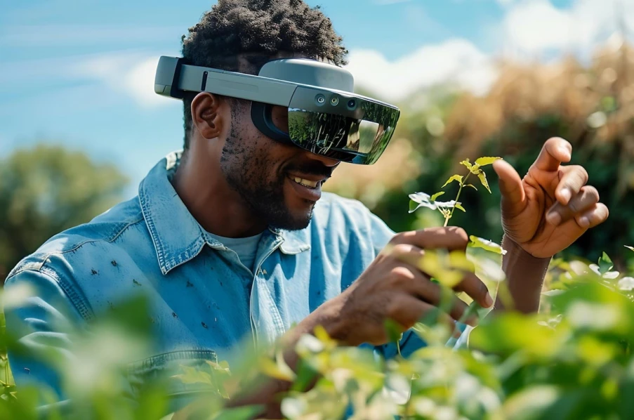 Farmer using a mixed-reality headset to inspect crops